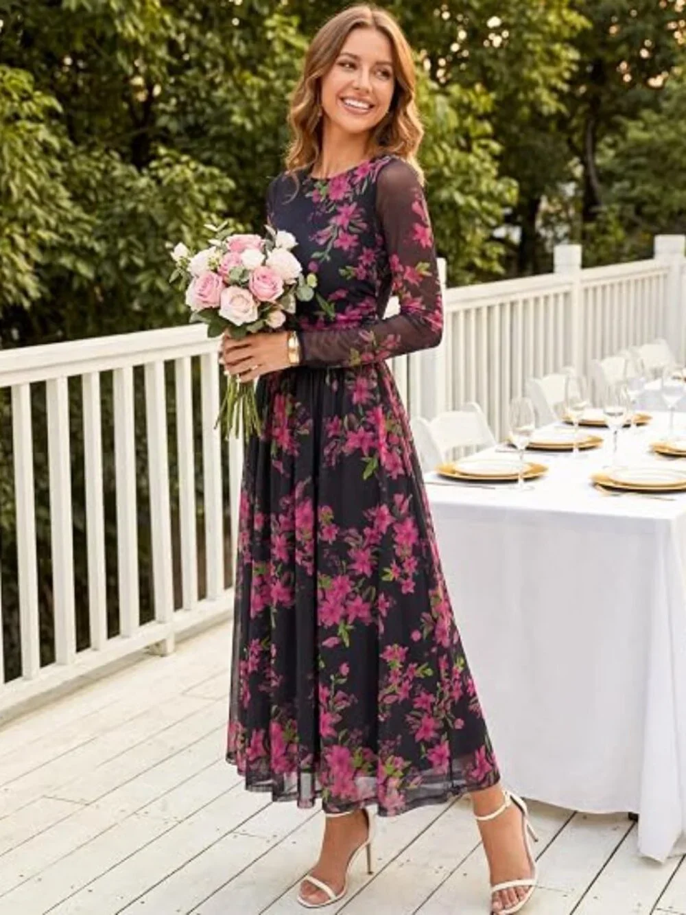 Women's Fall Wedding Guest Cocktail Long Sleeve Floral Maxi Dress